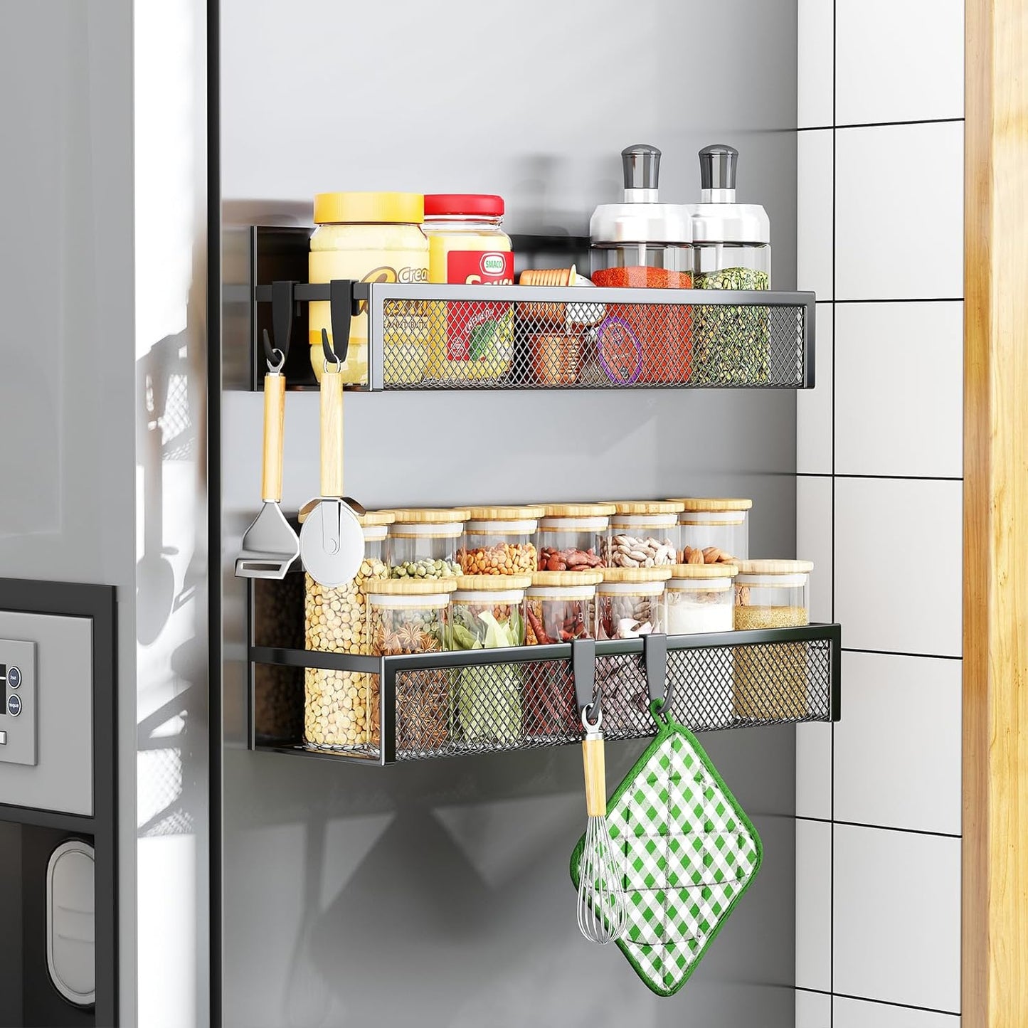 Magnetic Spice Rack for Refrigerator, 2 Pack Magnetic Shelf, Fridge Magnet Organizer with Moveable 4 Hooks, Magnetic Fridge Shelf for Kitchen Organization and Storage