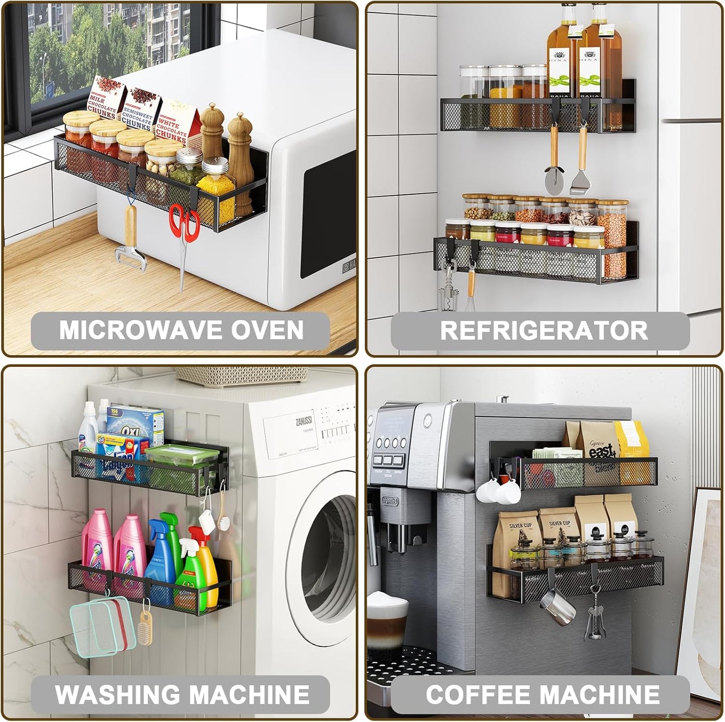 Magnetic Spice Rack for Refrigerator, 2 Pack Magnetic Shelf, Fridge Magnet Organizer with Moveable 4 Hooks, Magnetic Fridge Shelf for Kitchen Organization and Storage