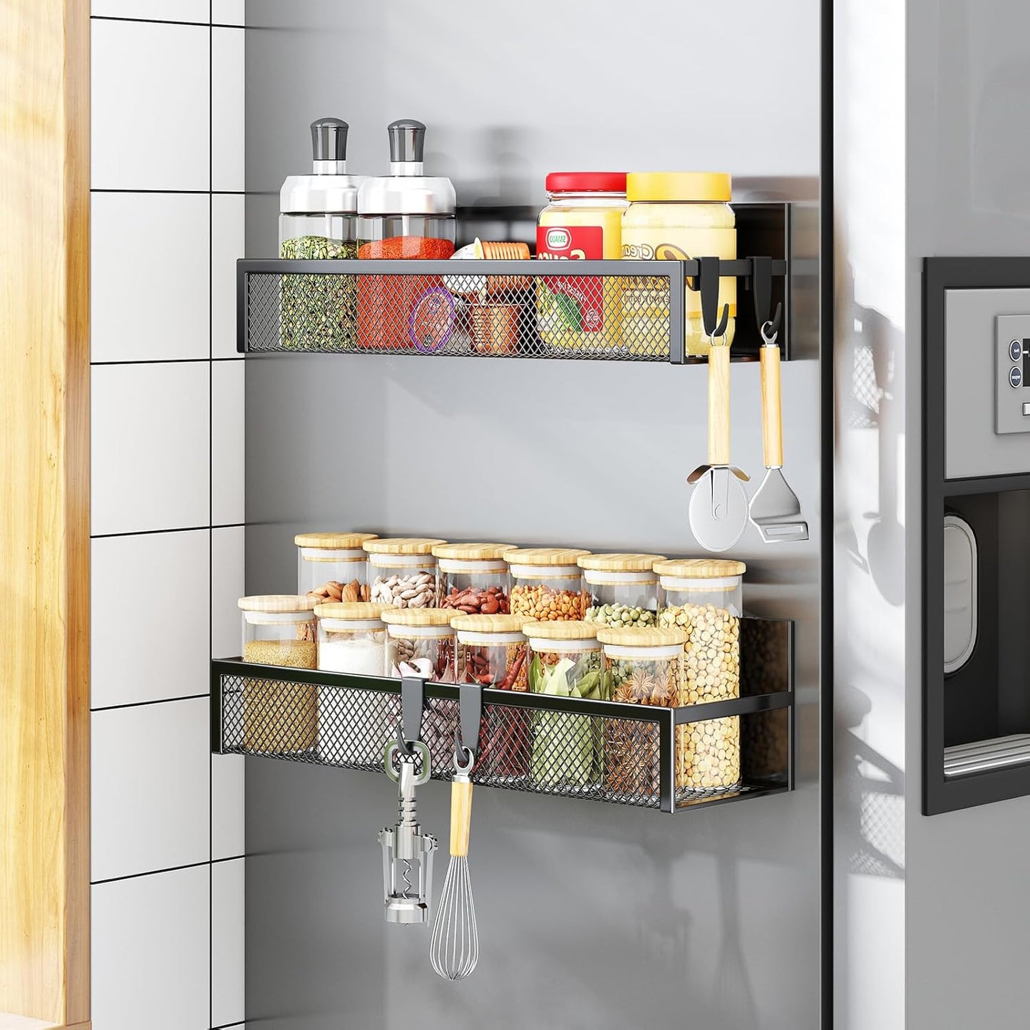 Magnetic Spice Rack for Refrigerator, 2 Pack Magnetic Shelf, Fridge Magnet Organizer with Moveable 4 Hooks, Magnetic Fridge Shelf for Kitchen Organization and Storage