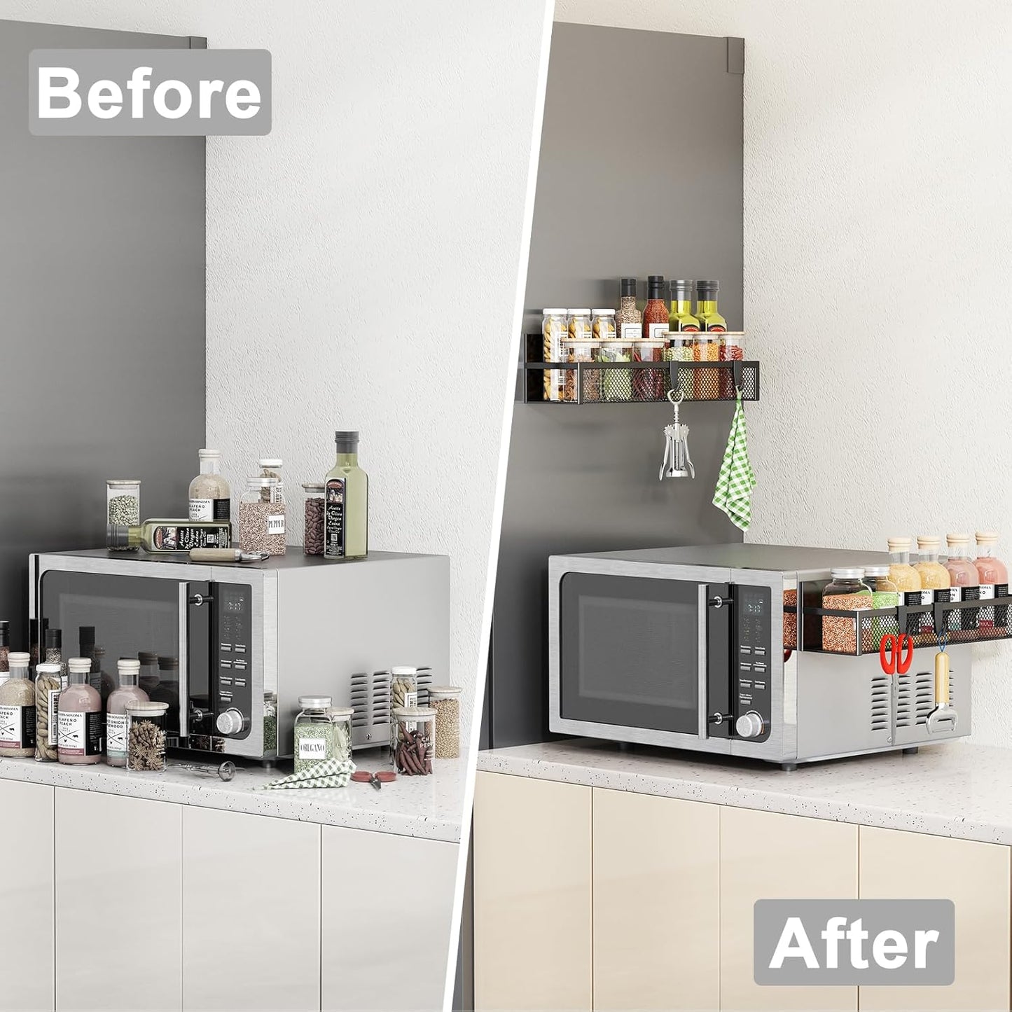 Magnetic Spice Rack for Refrigerator, 2 Pack Magnetic Shelf, Fridge Magnet Organizer with Moveable 4 Hooks, Magnetic Fridge Shelf for Kitchen Organization and Storage